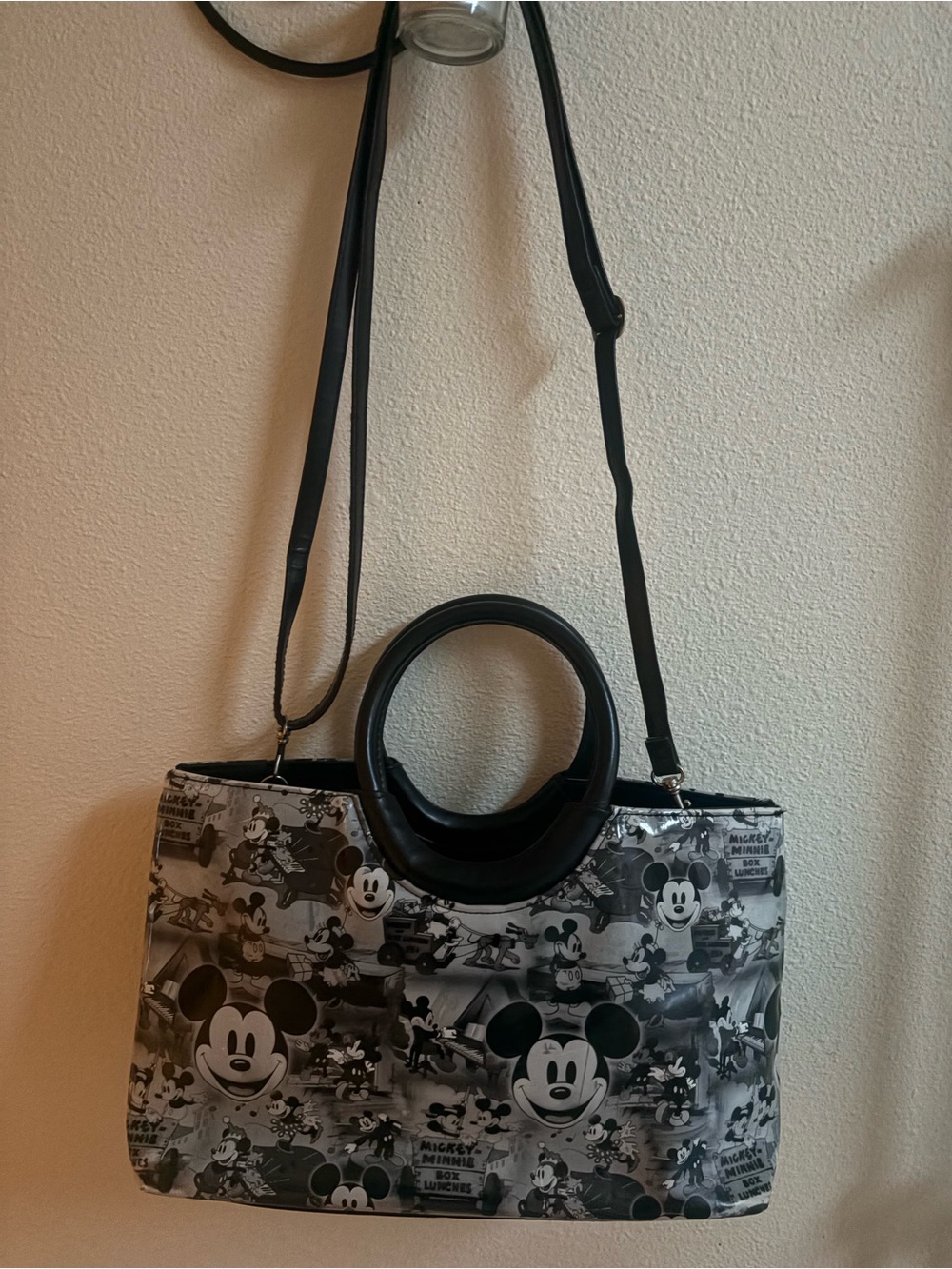 Black Disney Mickey Mouse Print Tote with Round Handles
